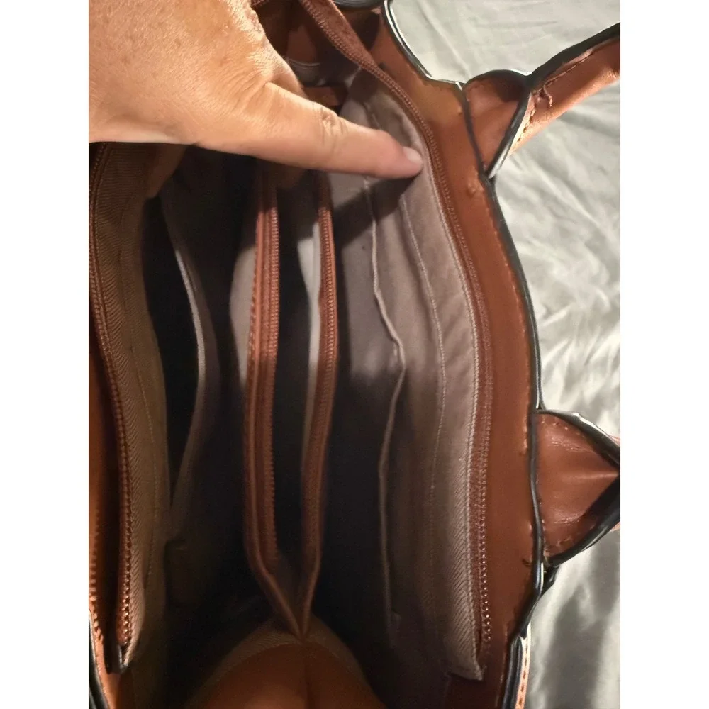 London Fog Cognac Brown Faux Leather Satchel Crossbody Handbag